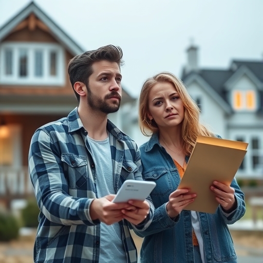 一對沮喪的年輕夫婦正在查看房價