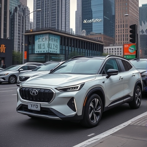 一輛比亞迪電動車在城市街道上行駛