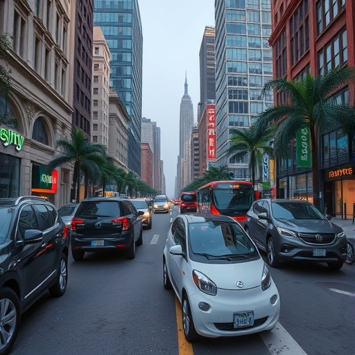 比亞迪電動車在城市中停放展示