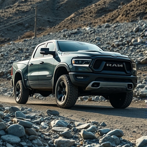 Ram 電動卡車在崎嶇地形上行駛