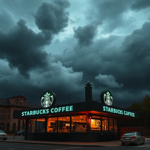 星巴克咖啡店在風雨交加的天空下