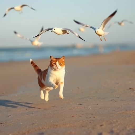 一隻貓在沙灘上追逐海鷗