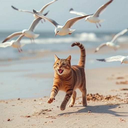 一隻貓在沙灘上追逐海鷗