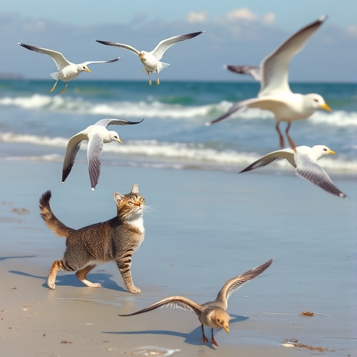 一隻貓在沙灘上追逐海鷗