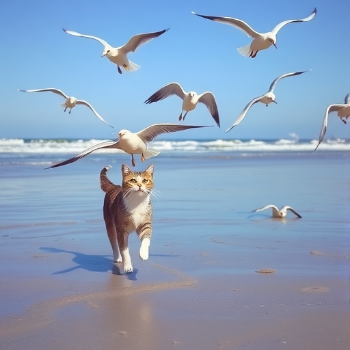 一隻貓在沙灘上追逐海鷗
