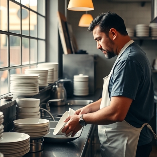 一位男子正在餐廳洗碗
