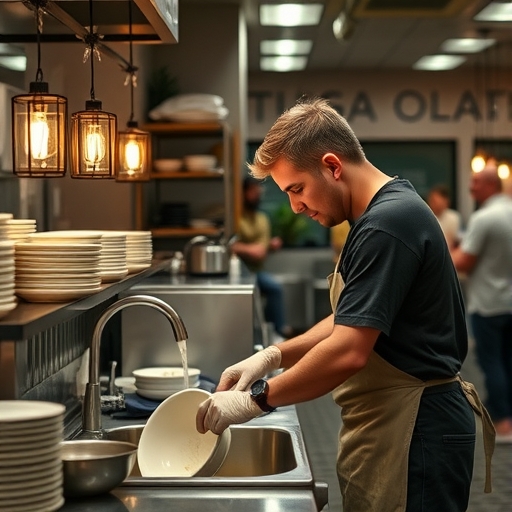 一位男子正在餐廳洗碗