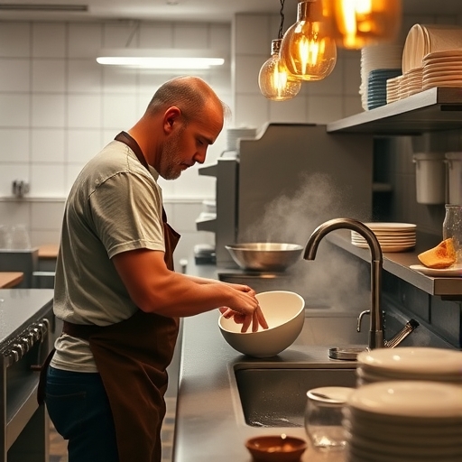 一位男子正在餐廳洗碗