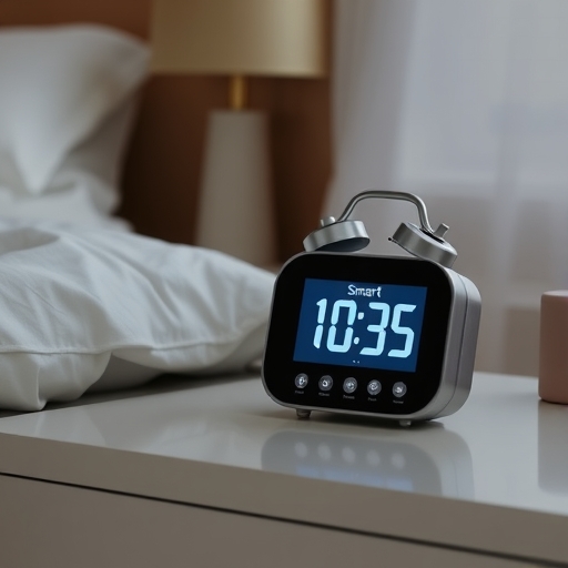 一台智慧鬧鐘放在床頭桌上