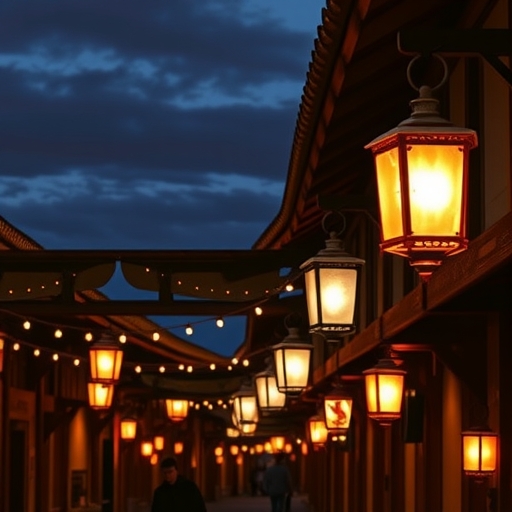 古城黃昏時分燈籠點綴的街道