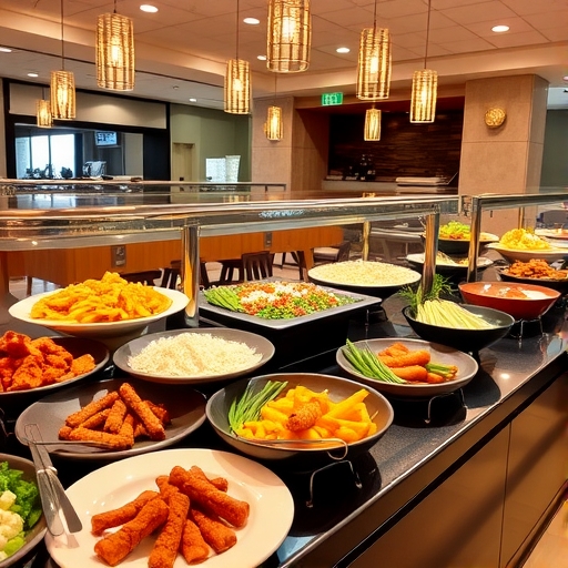 自助餐廳內擺滿各種美食，顧客正在選擇食物