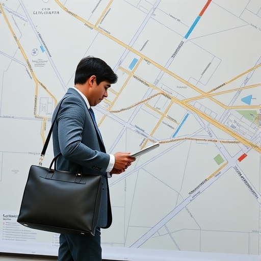 一位男子手持公事包觀看地圖