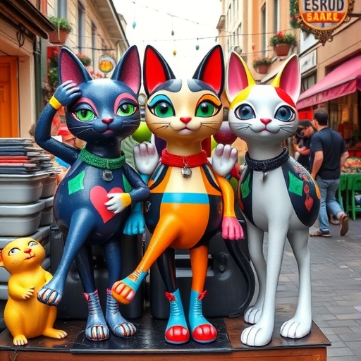 色彩繽紛的貓雕塑在市場中