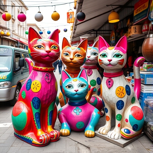 市場中的彩色貓雕塑