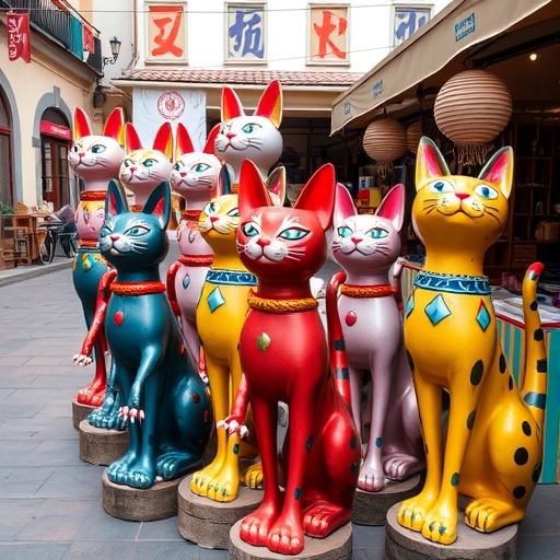 市場中的彩色貓雕塑展示