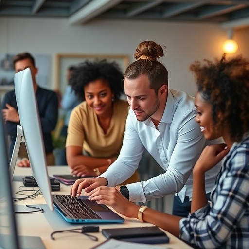 一群多元化的團隊正在合作進行科技項目