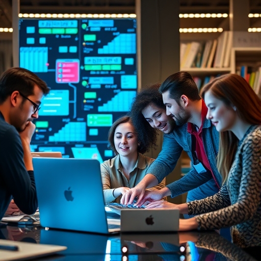 一群多元化的團隊正在合作進行科技項目