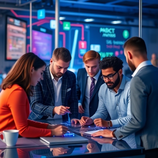 一群多元化的團隊正在合作進行科技項目