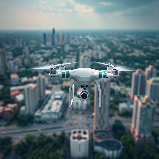 一架無人機在城市景觀上空飛行