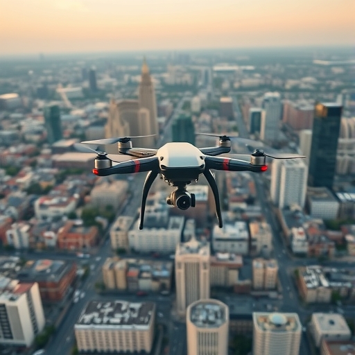 一架無人機在城市景觀上空飛行