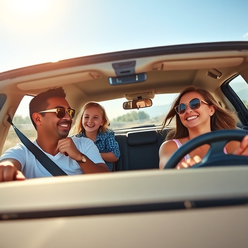 一輛家庭友善的SUV在陽光明媚的日子裡行駛