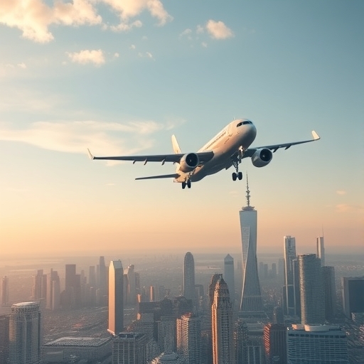 一架未來主義飛機在城市天際線上飛行