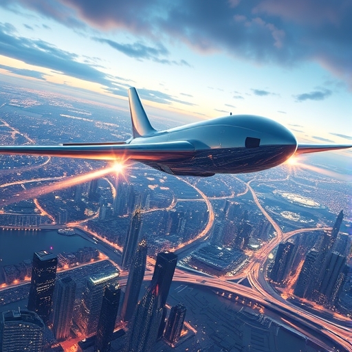一架未來主義飛機在城市天際線上飛行