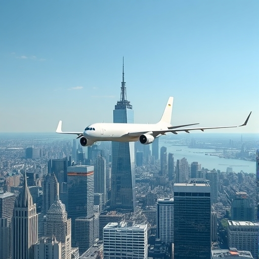 一架未來主義飛機在城市天際線上飛行