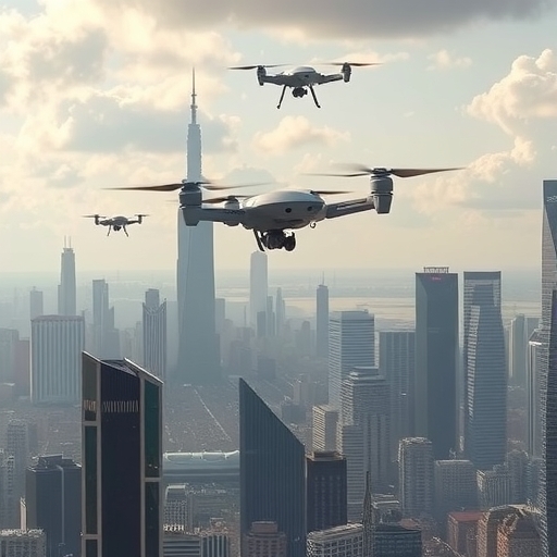 未來城市天際線上有電動垂直起降飛行器