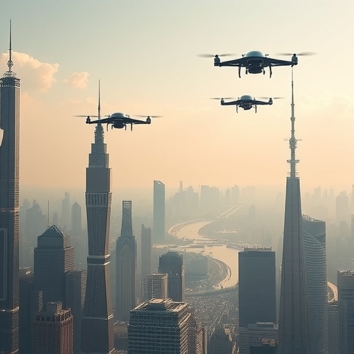 未來城市天際線上有電動垂直起降飛行器