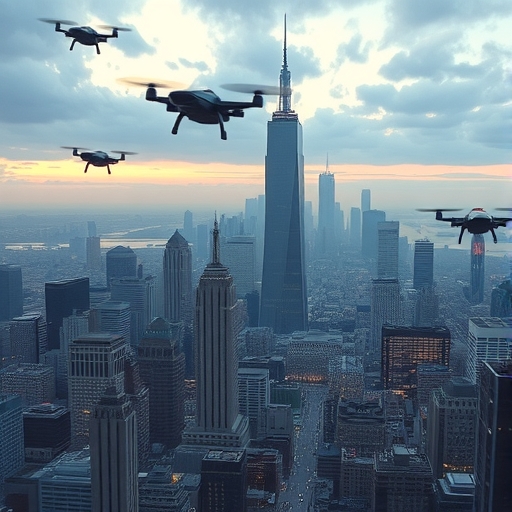 未來城市天際線上有電動垂直起降飛行器