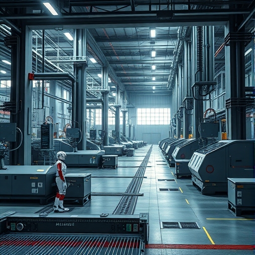 一座未來感十足的工廠，內有小型機器人工作