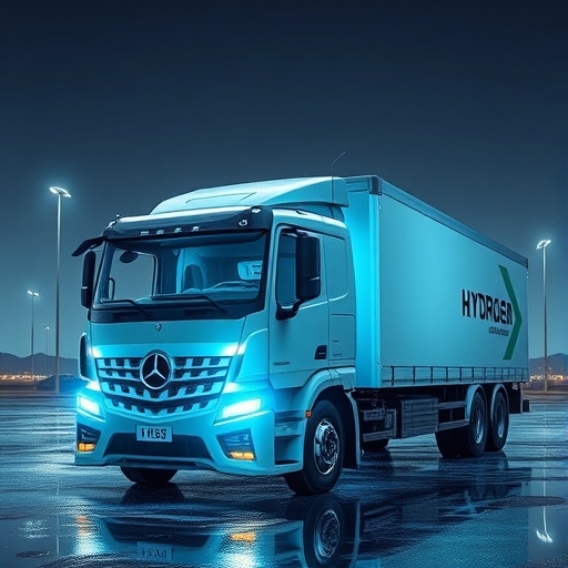 一輛未來派氫能卡車正在釋放水