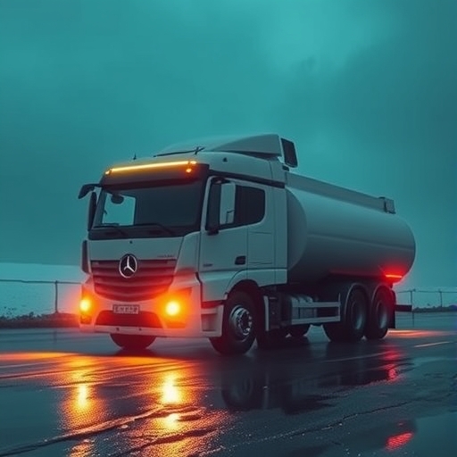 一輛未來派氫能卡車正在釋放水