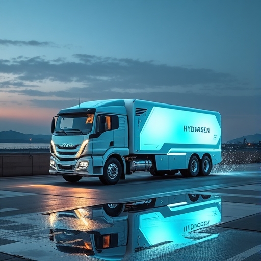 一輛未來派氫能卡車正在釋放水