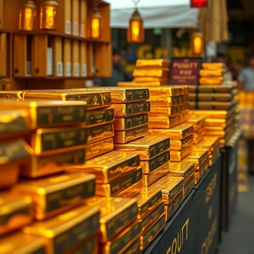 一堆金條堆放在市場中
