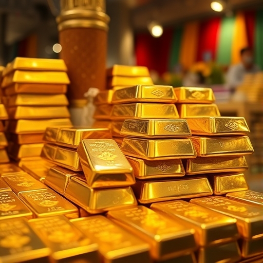 一堆金條堆放在市場中