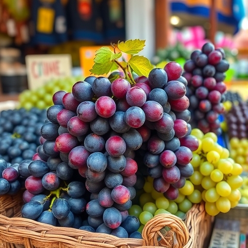 農民在市場攤位前展示麝香葡萄