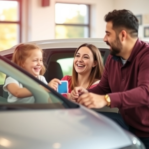 一家幸福的家庭正在購買新車
