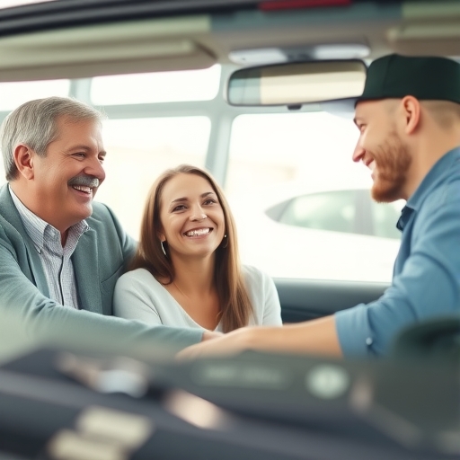 一家人高興地購買新車