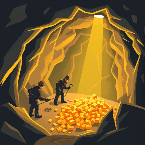 金礦工人在地下採礦的插圖