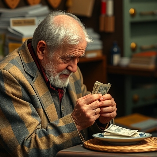 一位老人在家中數錢