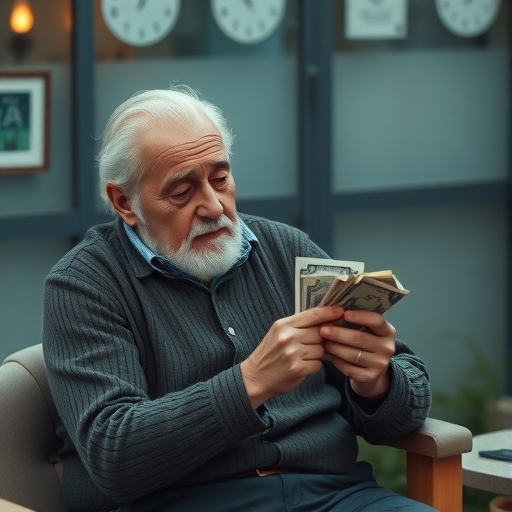 一位老人在辦公室內數錢