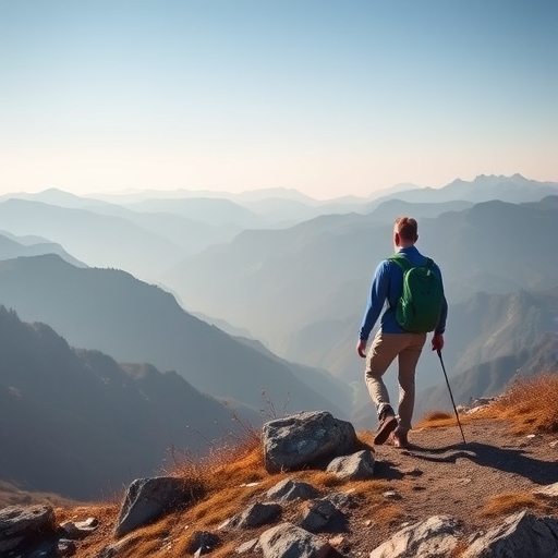 一位男子正在山中健行