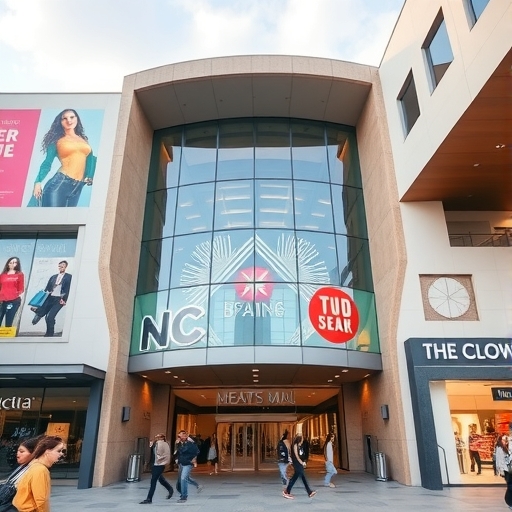 現代化購物中心的外觀與停車場