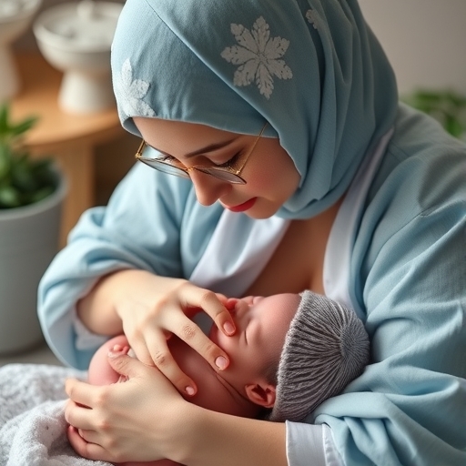 一位媽媽正在照顧剛出生的寶寶