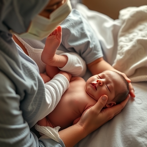 一位媽媽正在照顧剛出生的寶寶