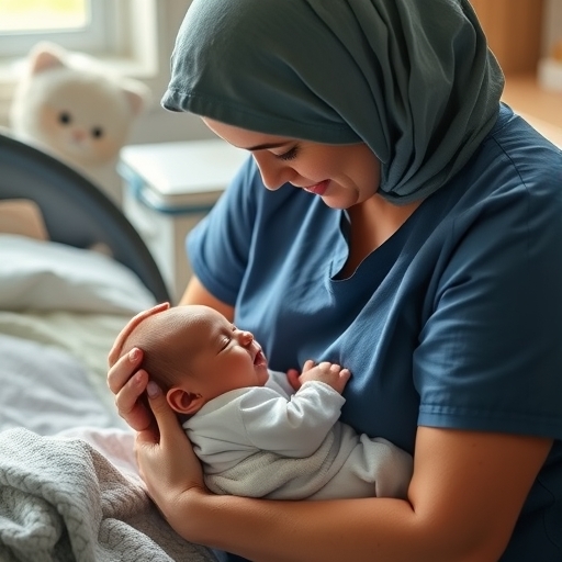 一位媽媽正在照顧剛出生的寶寶