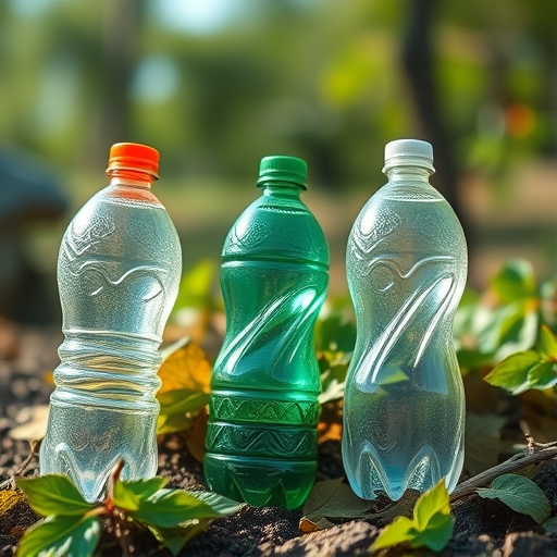 塑料瓶在自然環境中散落的情景