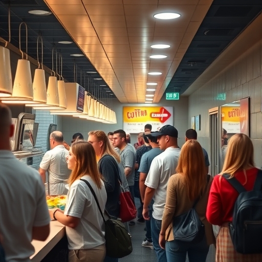 人們在餐廳外排隊等待食物